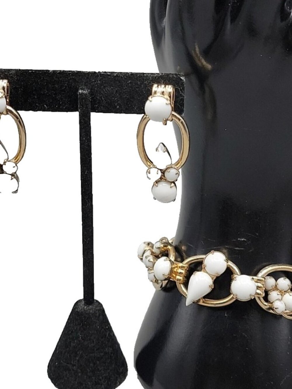 Juliana D&E Milk Glass Rhinestone Bracelet & Earrings Set Vintage 1960s